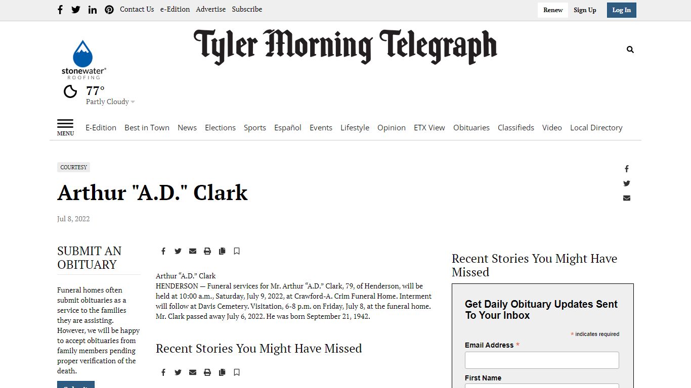 Arthur "A.D." Clark | Death Notices | tylerpaper.com